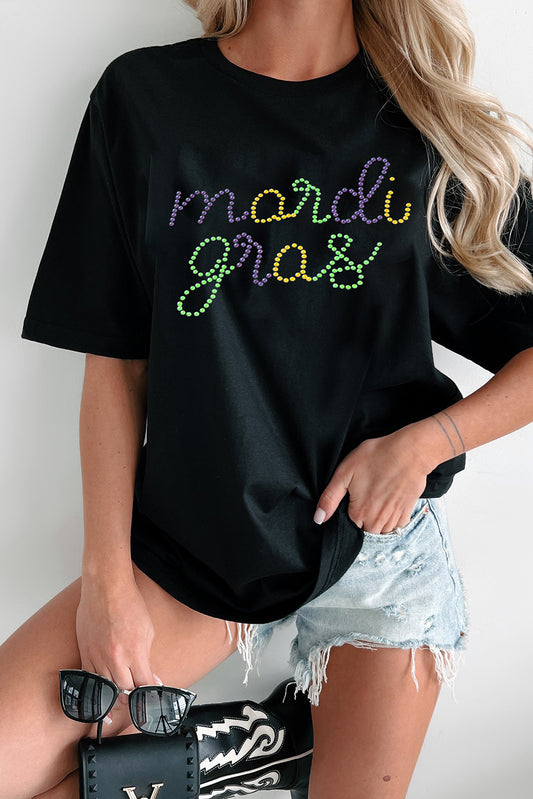 Black Rhinestone Mardi Gras Letter Graphic T-Shirt