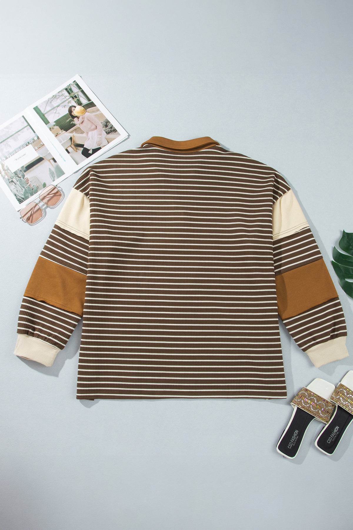 Brown Stripe Color-Block Detail Collar V-Neck Plus Size Long-Sleeve Top