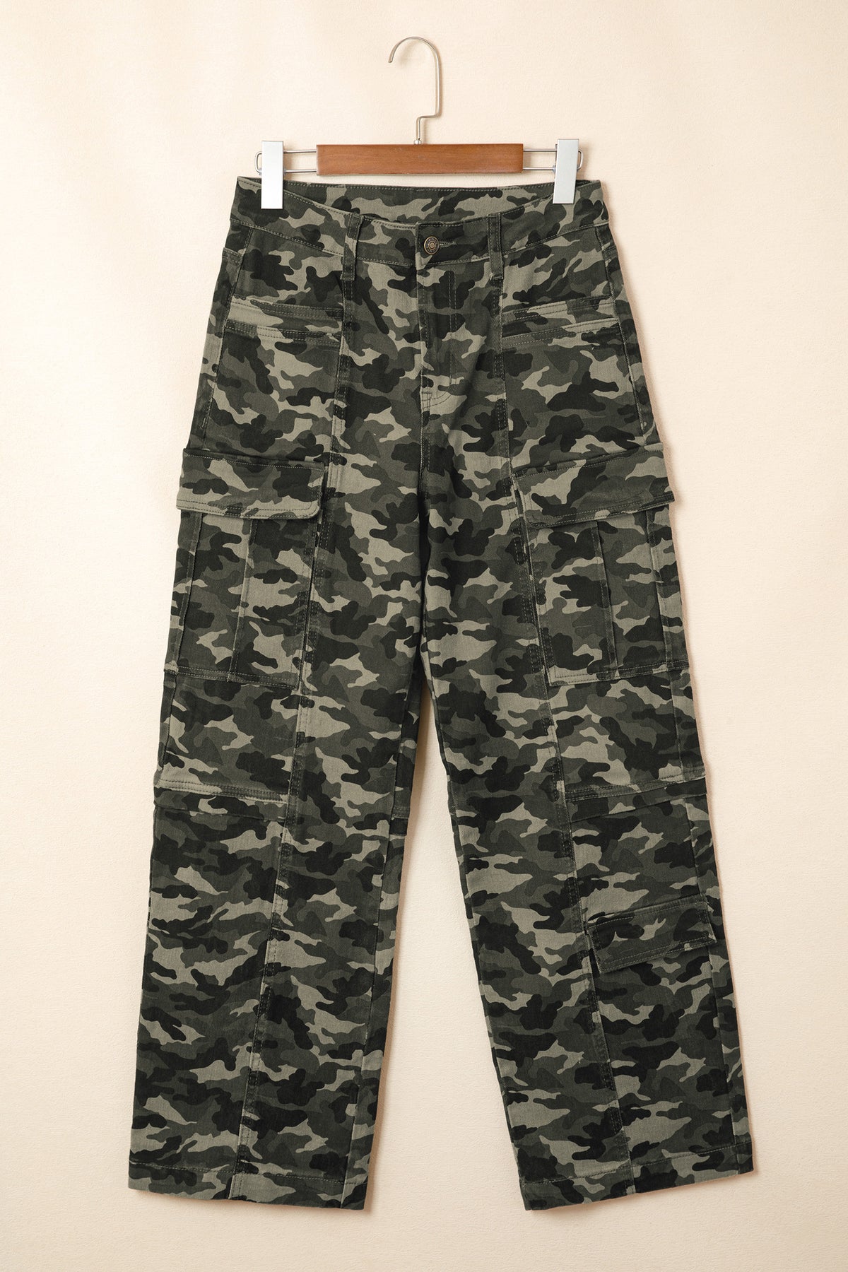 Green Camouflage Print Multi Pocketed Denim Pants