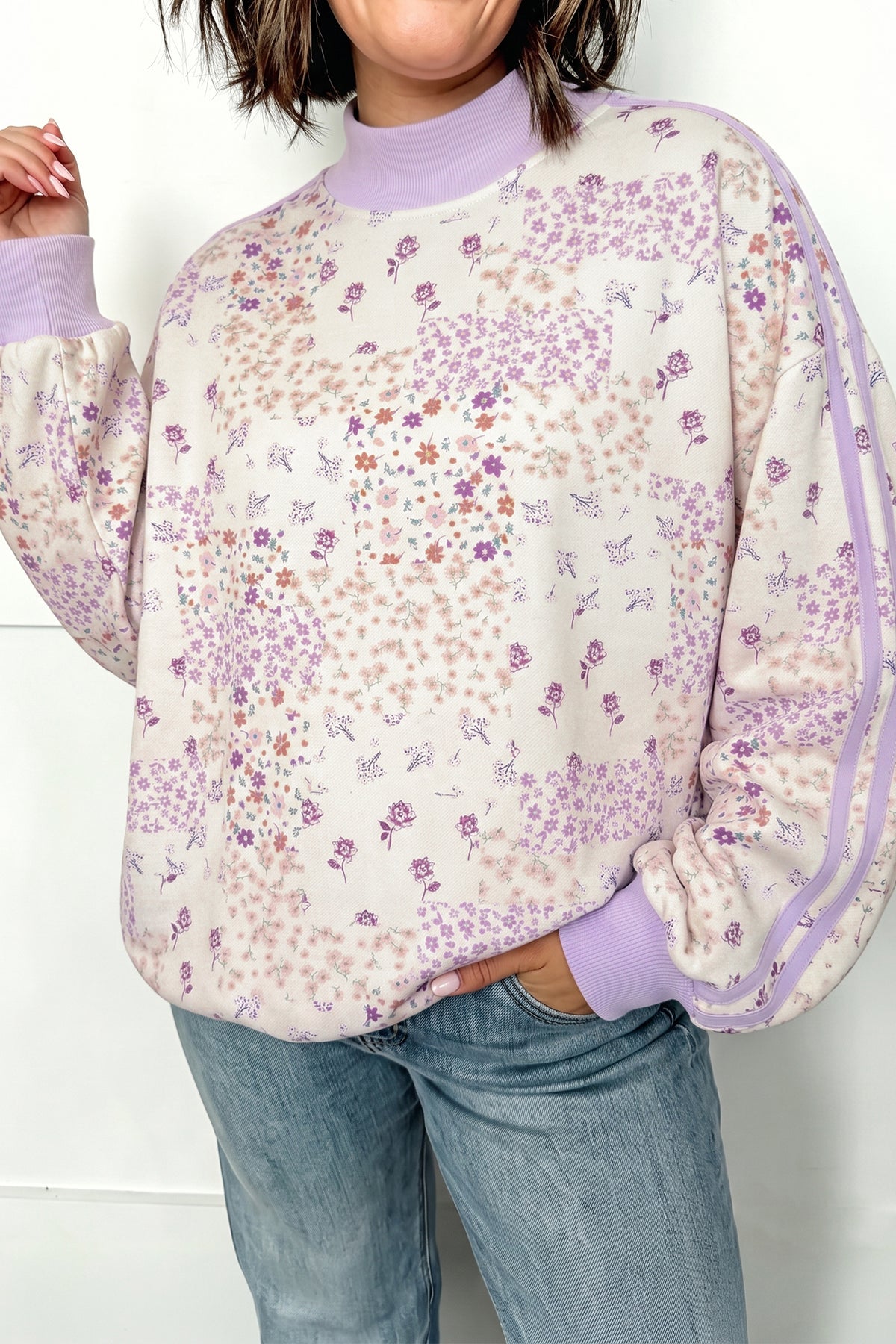 Purple Floral Print High Neck Sleeve Paneling Sweatshirt