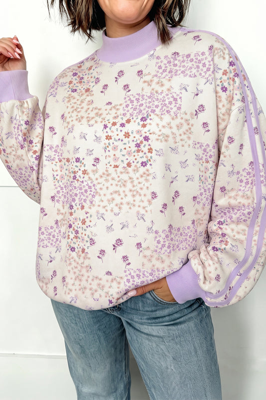 Purple Floral Print High Neck Sleeve Paneling Sweatshirt