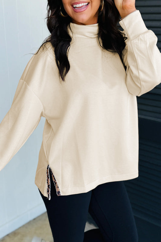 Beige Mock Neck Long Sleeve Leopard Split Hem Top
