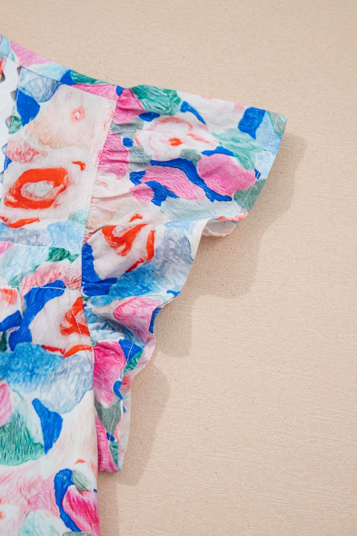 Pink Floral Print Tie V Neck Contrast Detail Ruffle Short Sleeve Blouse