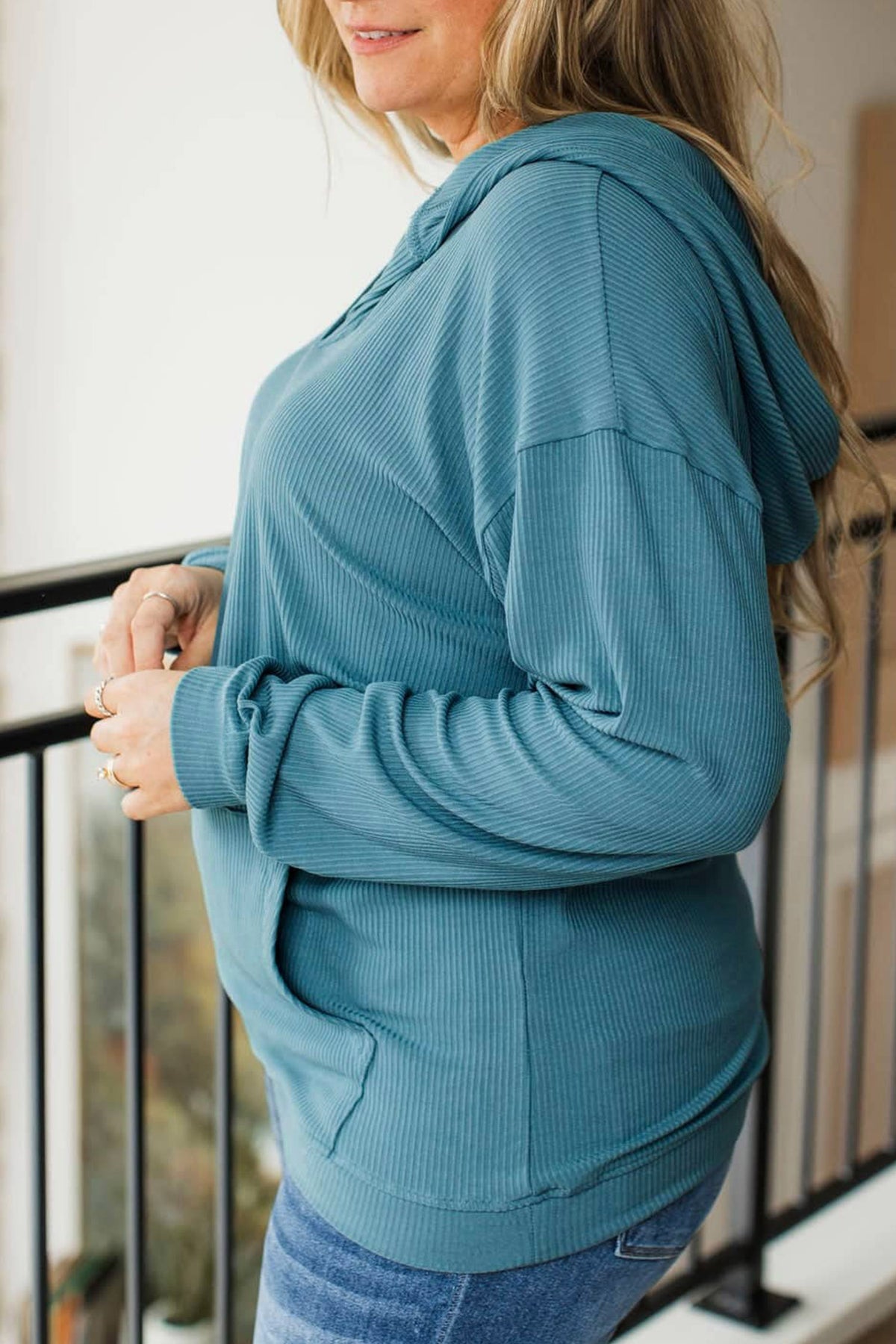 Lapis Ribbed Drop-Shoulder Long-Sleeve Plus Size Blouse