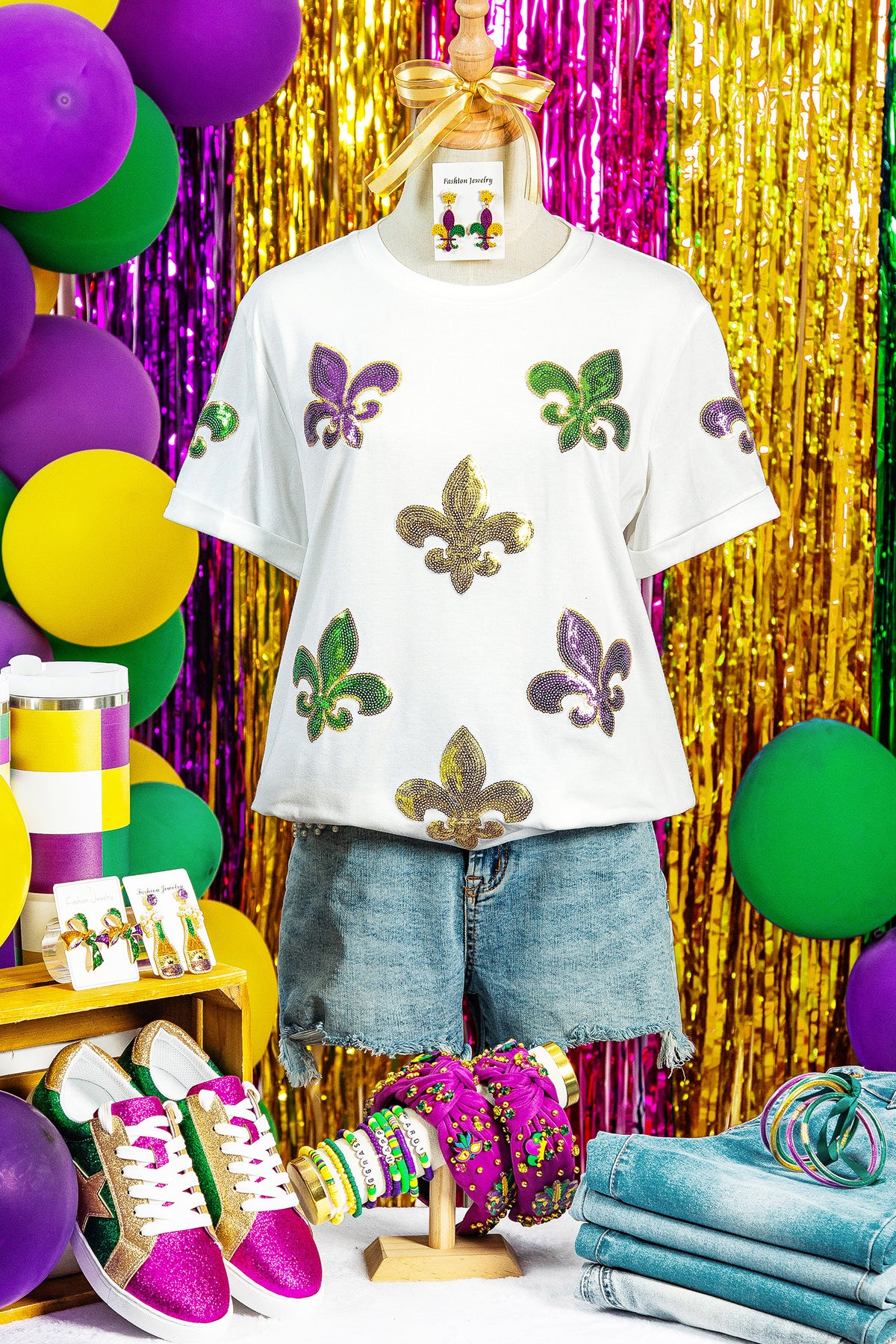 White Mardi Gras Fleur De Lis Sequin Graphic T-Shirt