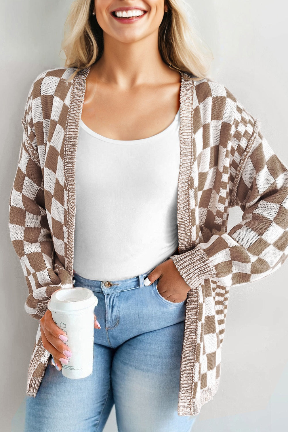 Orange Plus Size Checkered Bubble Sleeve Drop-Shoulder Open Cardigan