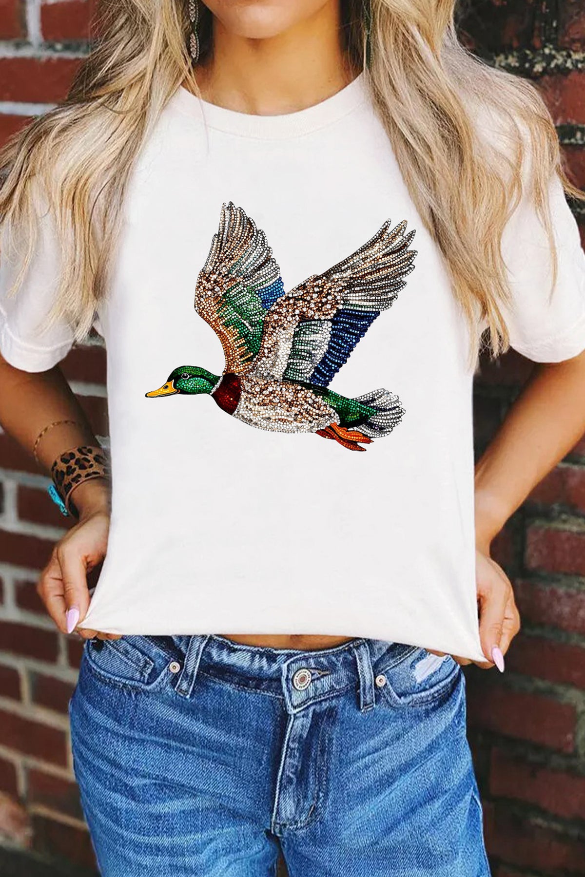 White Flying Mallard Print Crew Neck T-Shirt