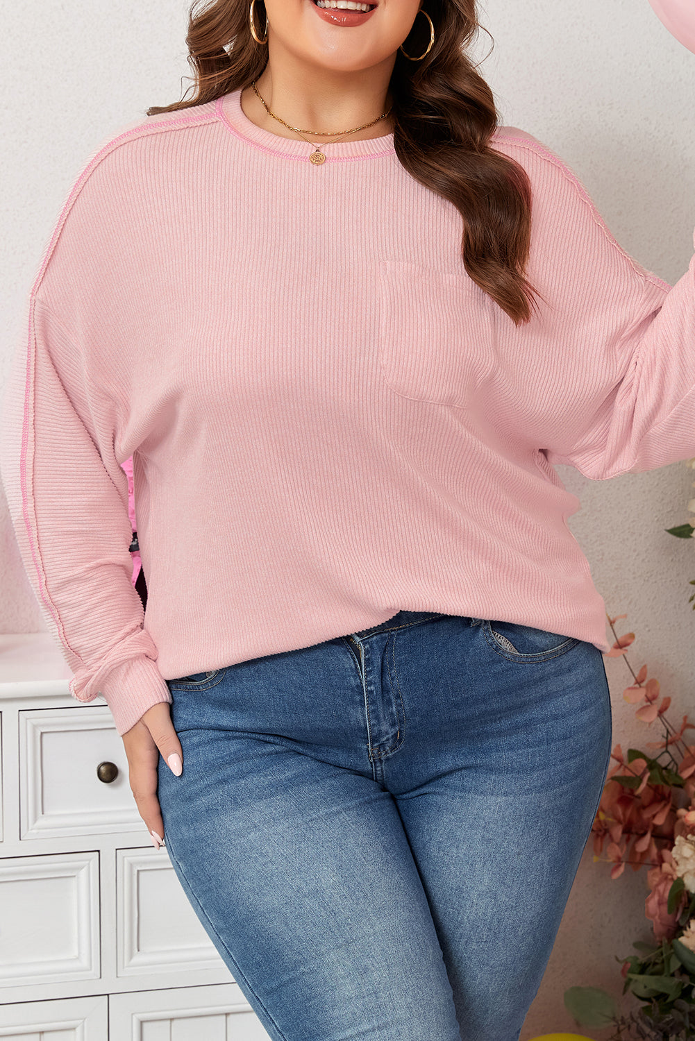 Bonbon Ribbed Exposed Seam Round-Neck Chest Pocket Plus Knit Top