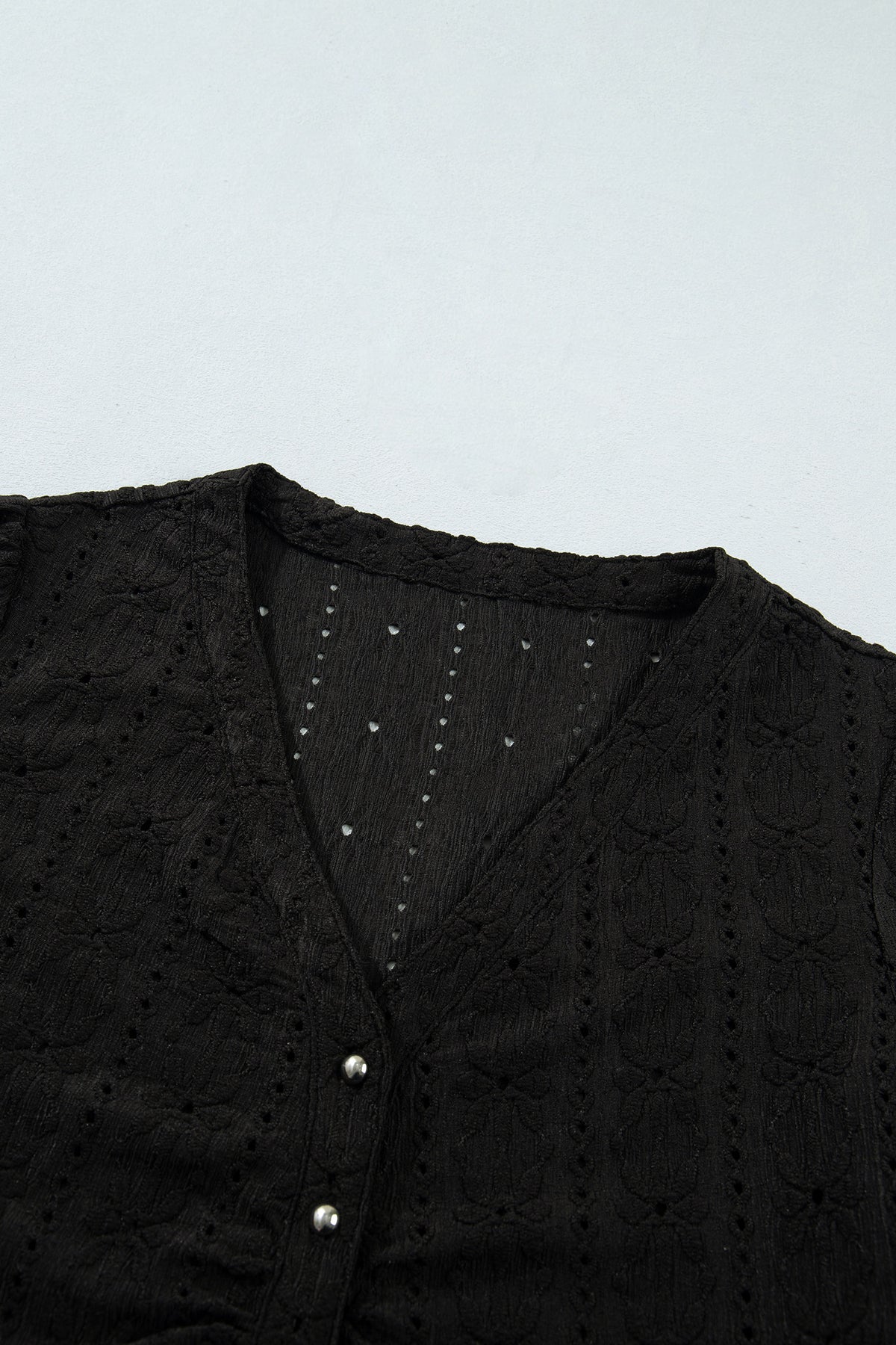 Black V Neck Floral Knit Button Front Fit Blouse