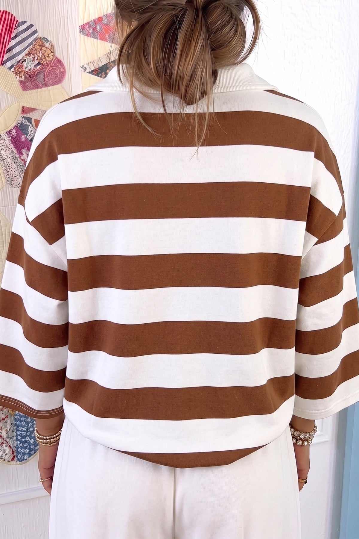 Brown Stripe Contrast Collar Oversized Top