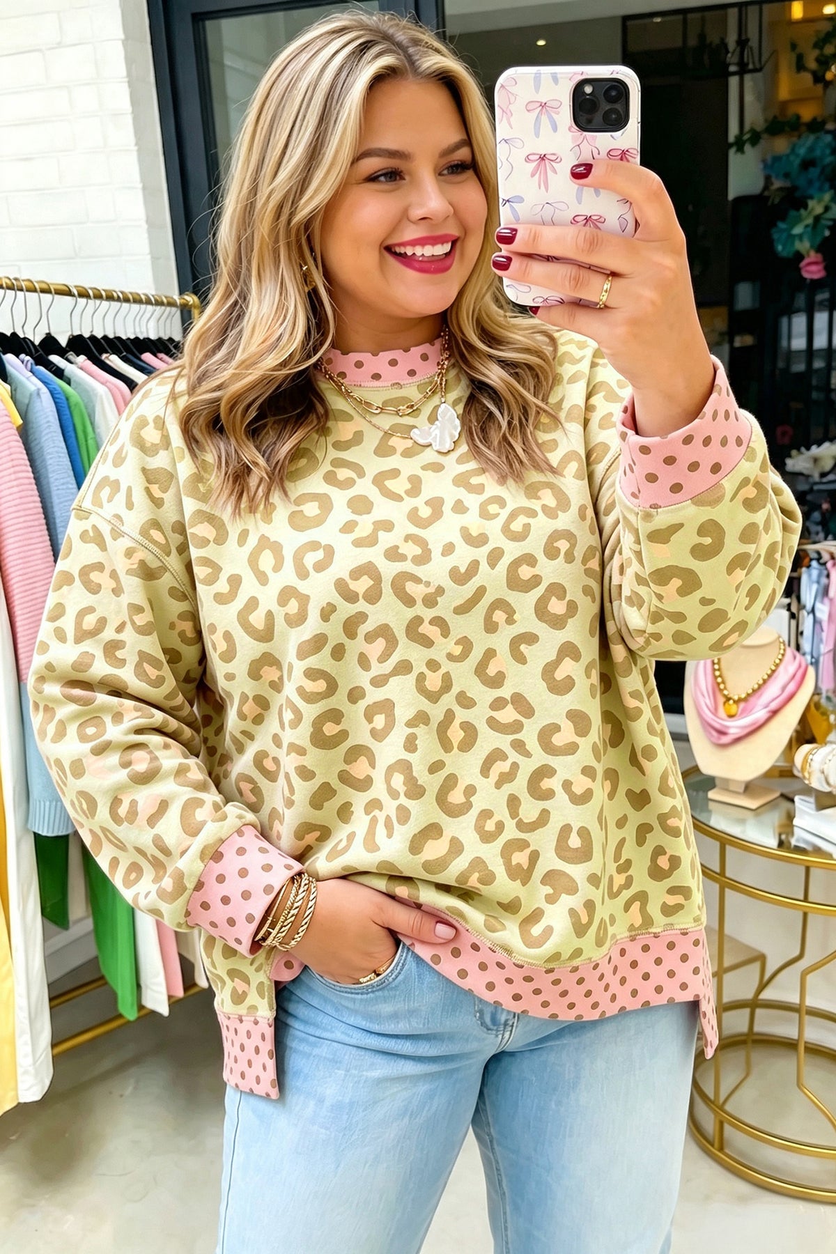 Khaki Plus Size Leopard Print Contrast Polka Dot Trim Long-Sleeve Top