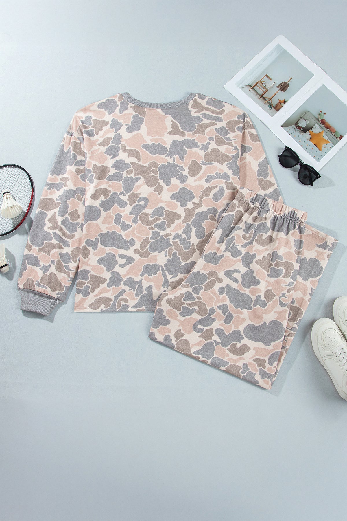 Multicolour Camouflage Long-Sleeve Round-Neck Two-Piece Plus Size Set