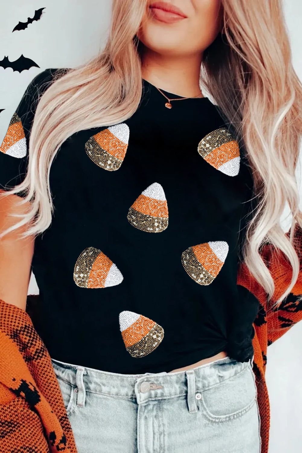 Black Sequin Candy Patched Pattern Halloween T-Shirt