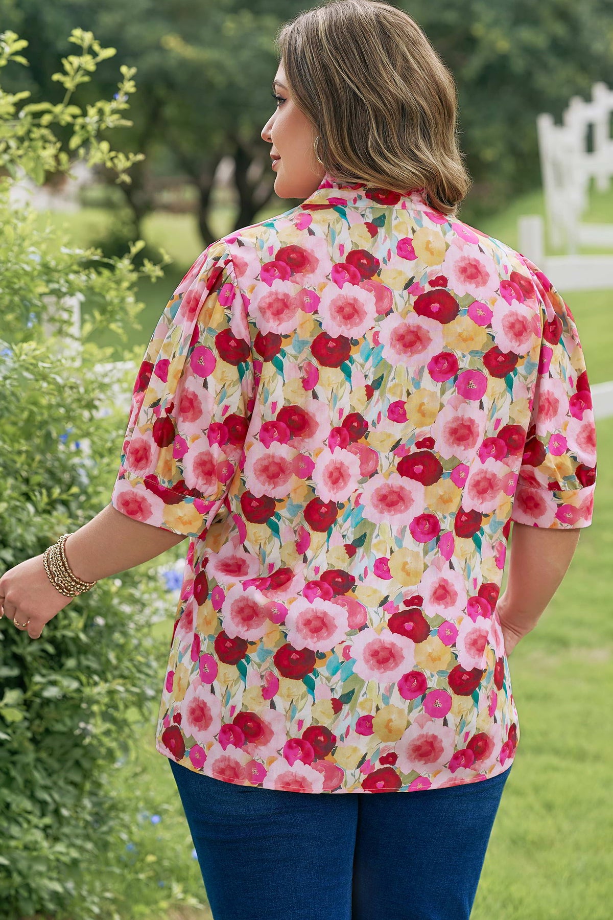Pink Plus Size Flower Print Split V-Neck Puff Short-Sleeve Top