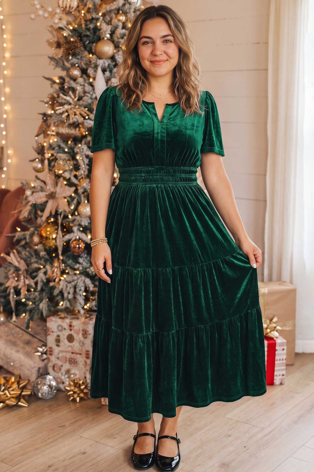 Blackish Green Velvet Shirred Waist Tiered Plus Size Dress