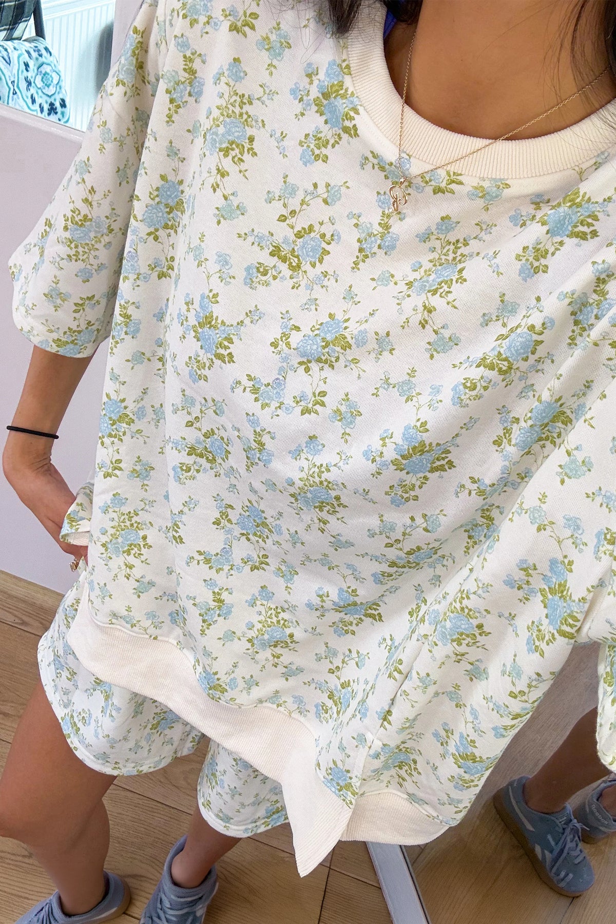 Women's Sky Blue Floral Print Short-Sleeve Elastic Waist Pocket Two-Piece Set