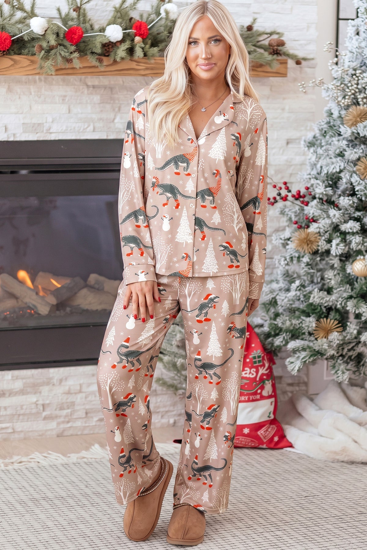Brown Abstract Print Long Sleeve Lounge Set