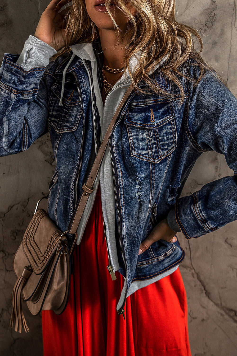 Dark Blue Faux Layered Hooded Zip-Up Denim Jacket