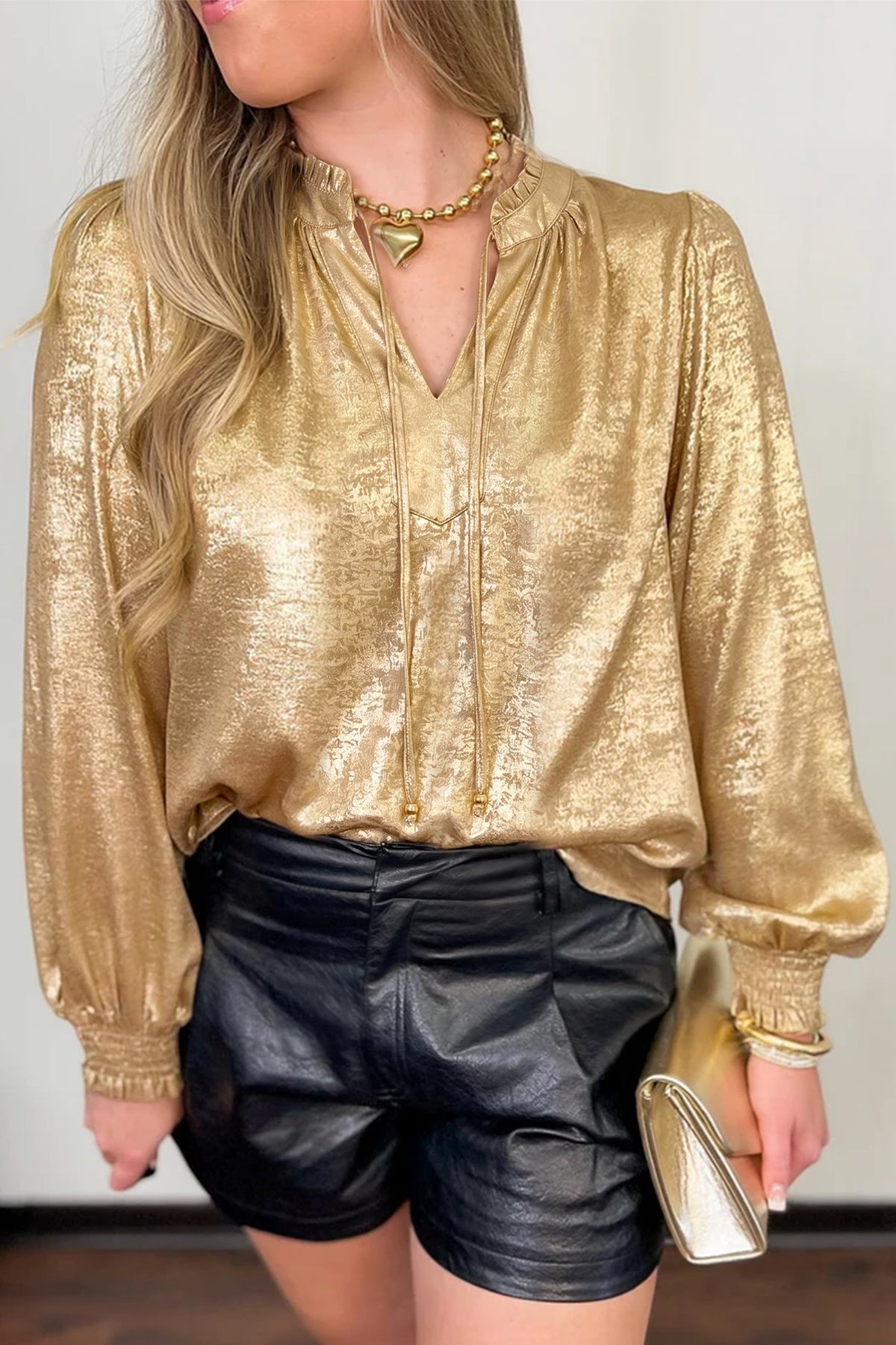 Gold Metallic Sheen V Neck Gathered Cuff Blouse
