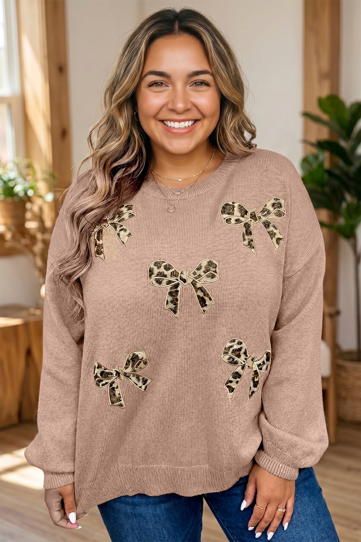 Dark Khaki Leopard Bow Embroidery Tunic Plus Size Sweater