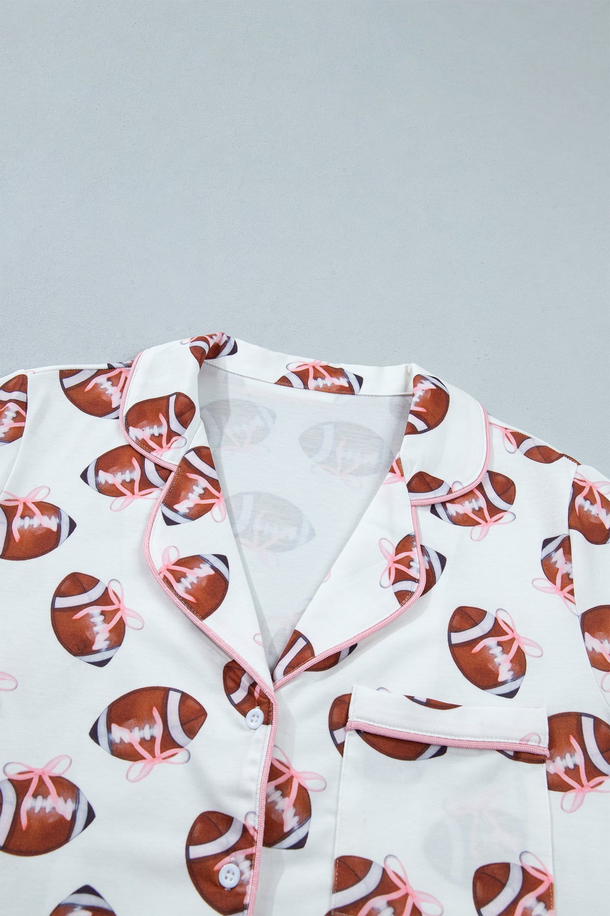 White Rugby Print Button Down Top and Pants Pajama Set