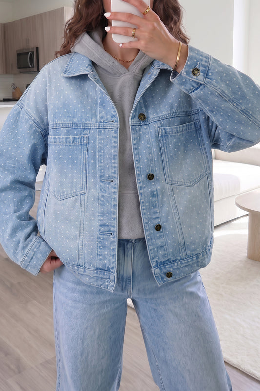 Sky Blue Polka Dot Long Sleeve Collar Pocket Denim Jacket