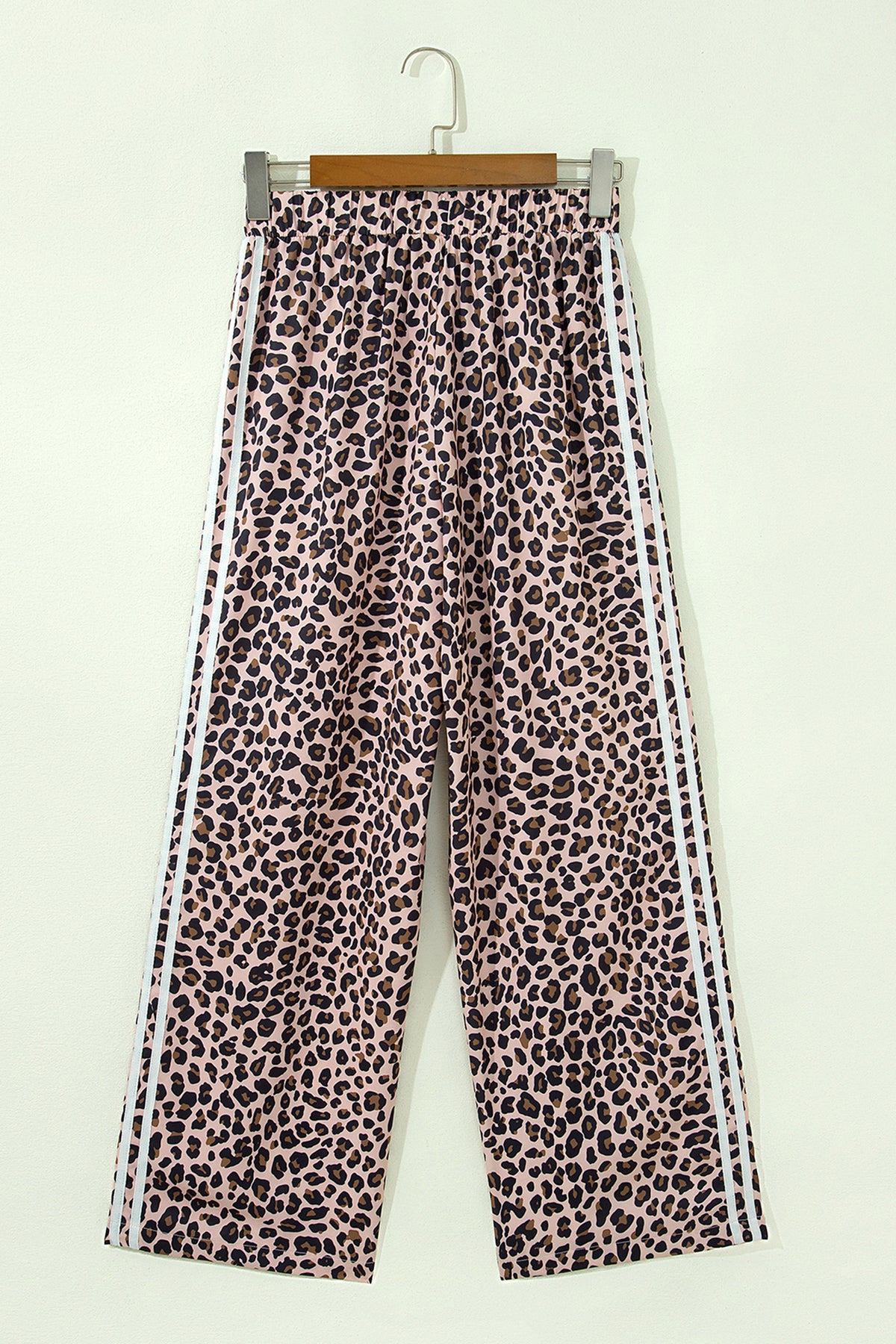 Beige Leopard Print Side Striped Casual Wide Leg Pants