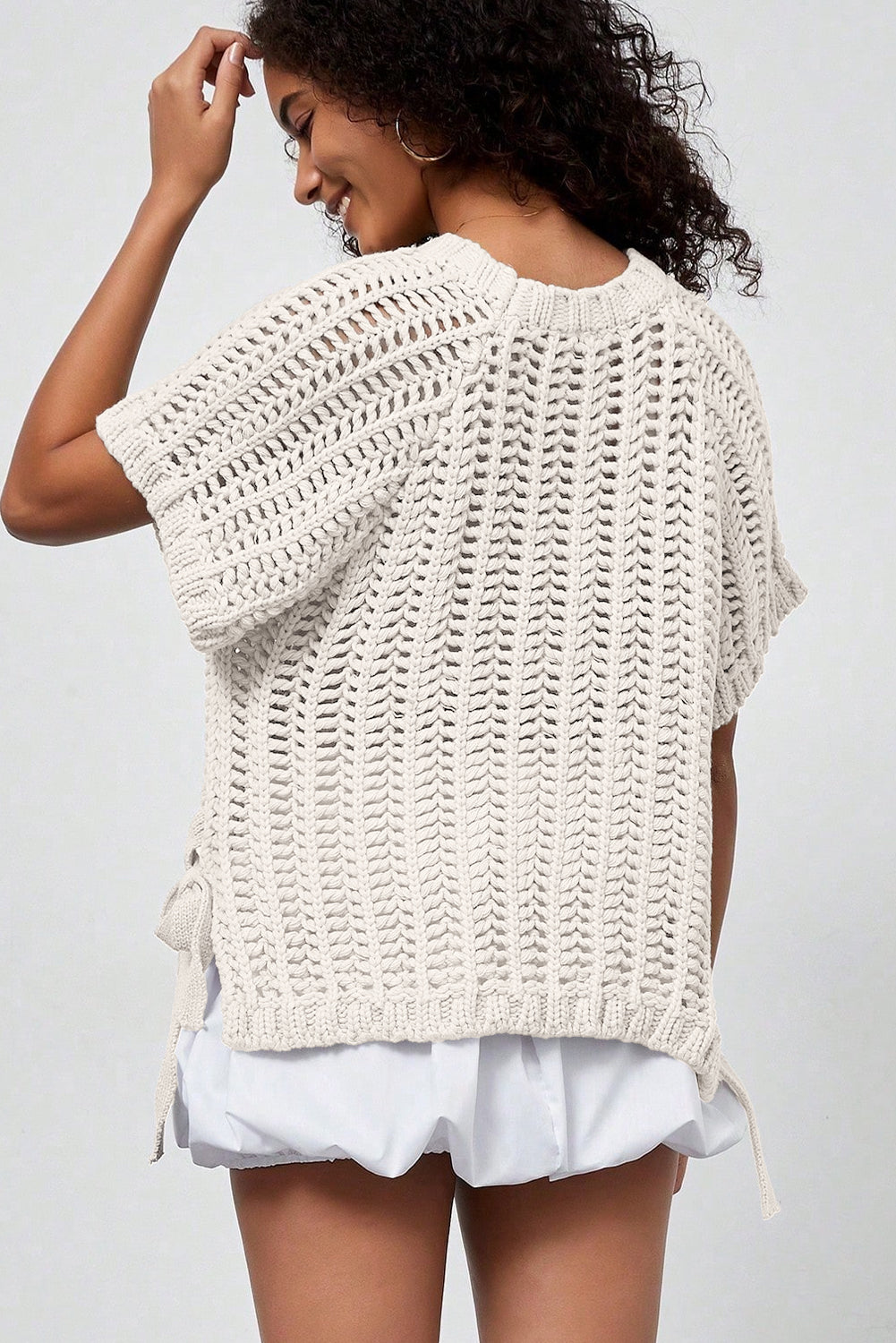 White Plus Size Open Knit Bow Tie Short-Sleeve Sweater