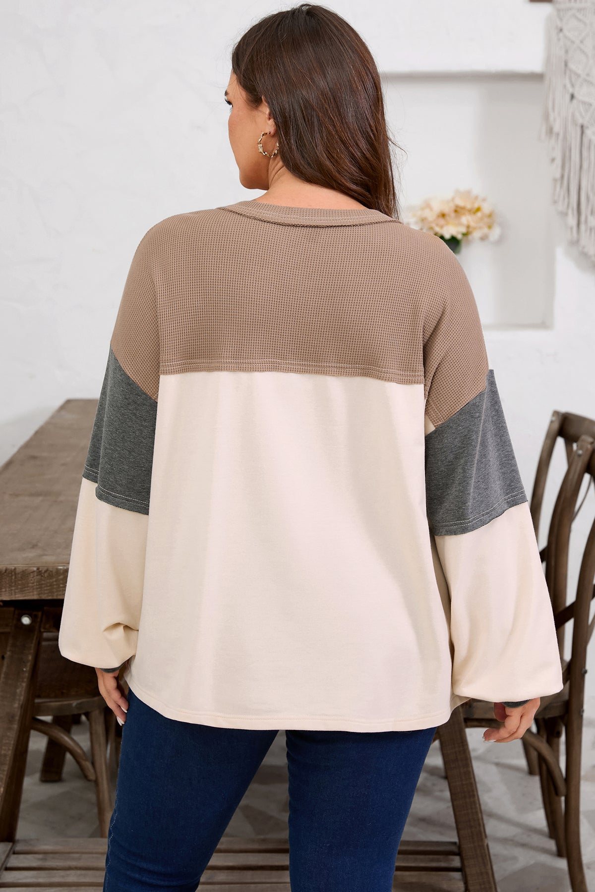 Jet Stream Waffle Patchwork Color-Block Half Buttons Casual Plus Size Knit Jumper