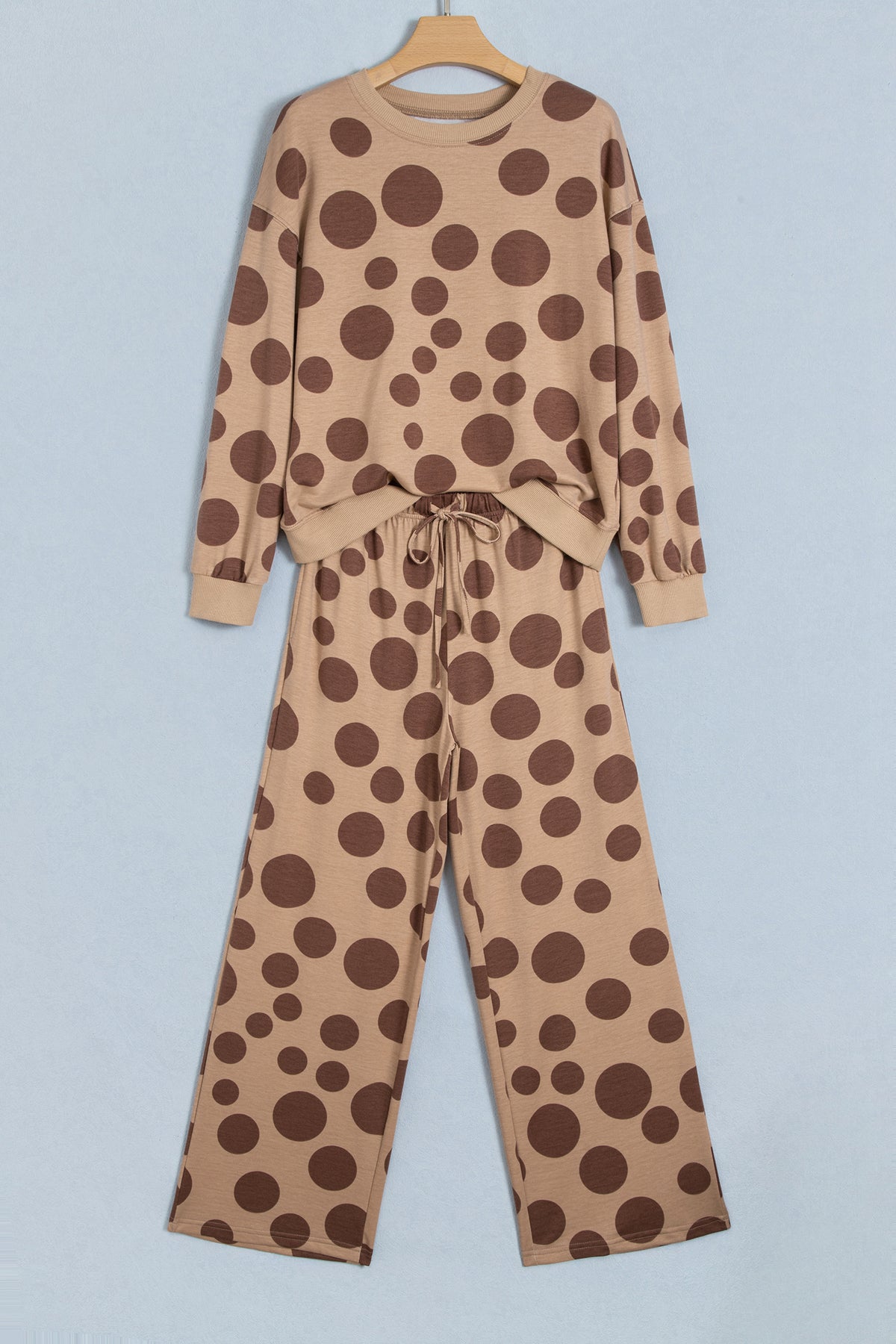 Women's Khaki Polka Dot Long-Sleeve Top Drawstring Relaxed Pants Set