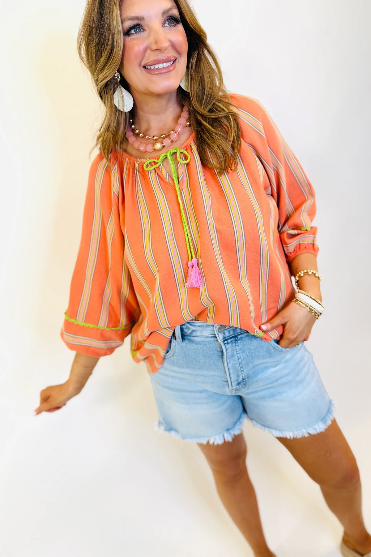 Orange Stripe Tassel Tie Neck Cotton Blouse