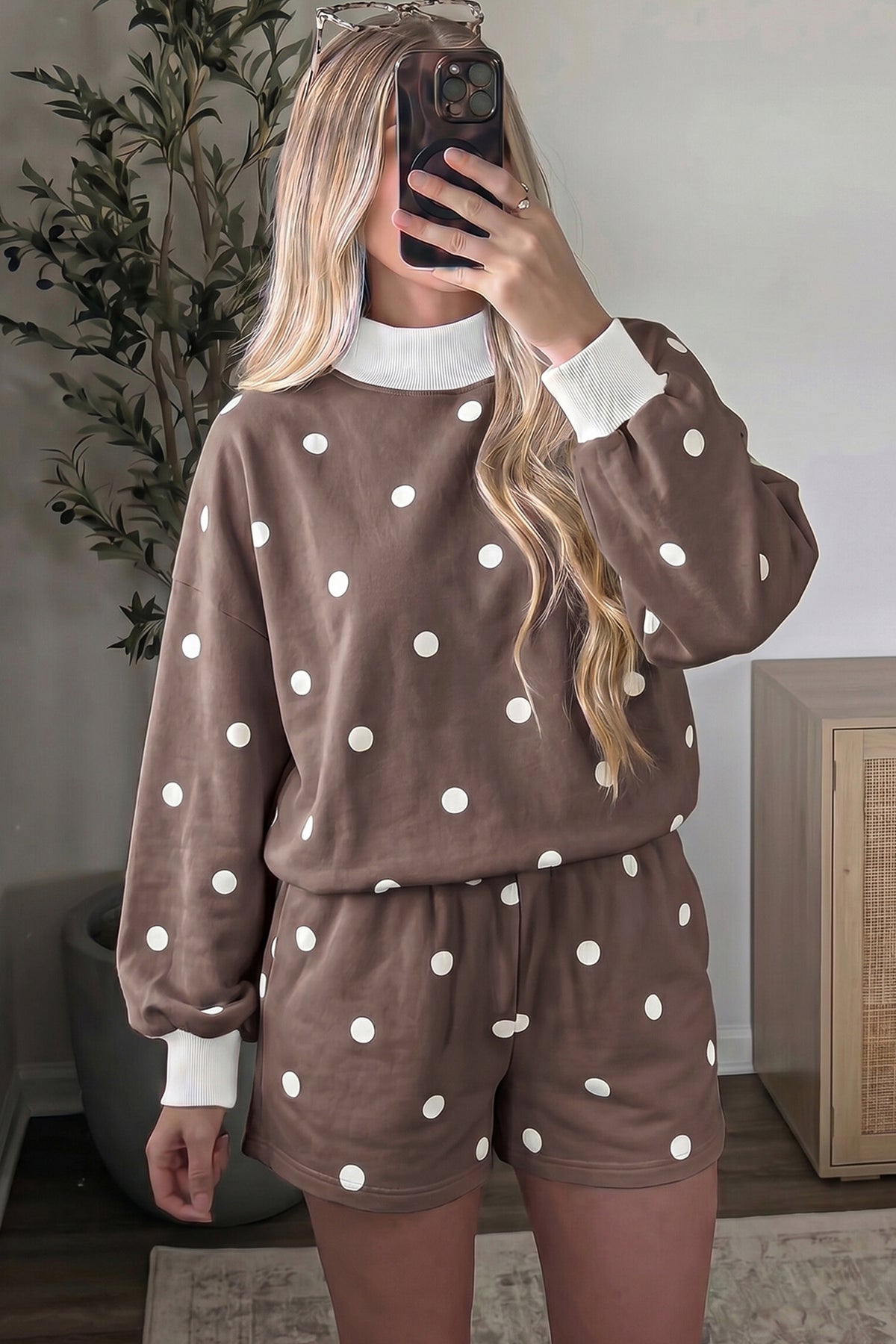 Women's Pink Polka Dot Ribbed Trim Long-Sleeve Top Casual Shorts Set
