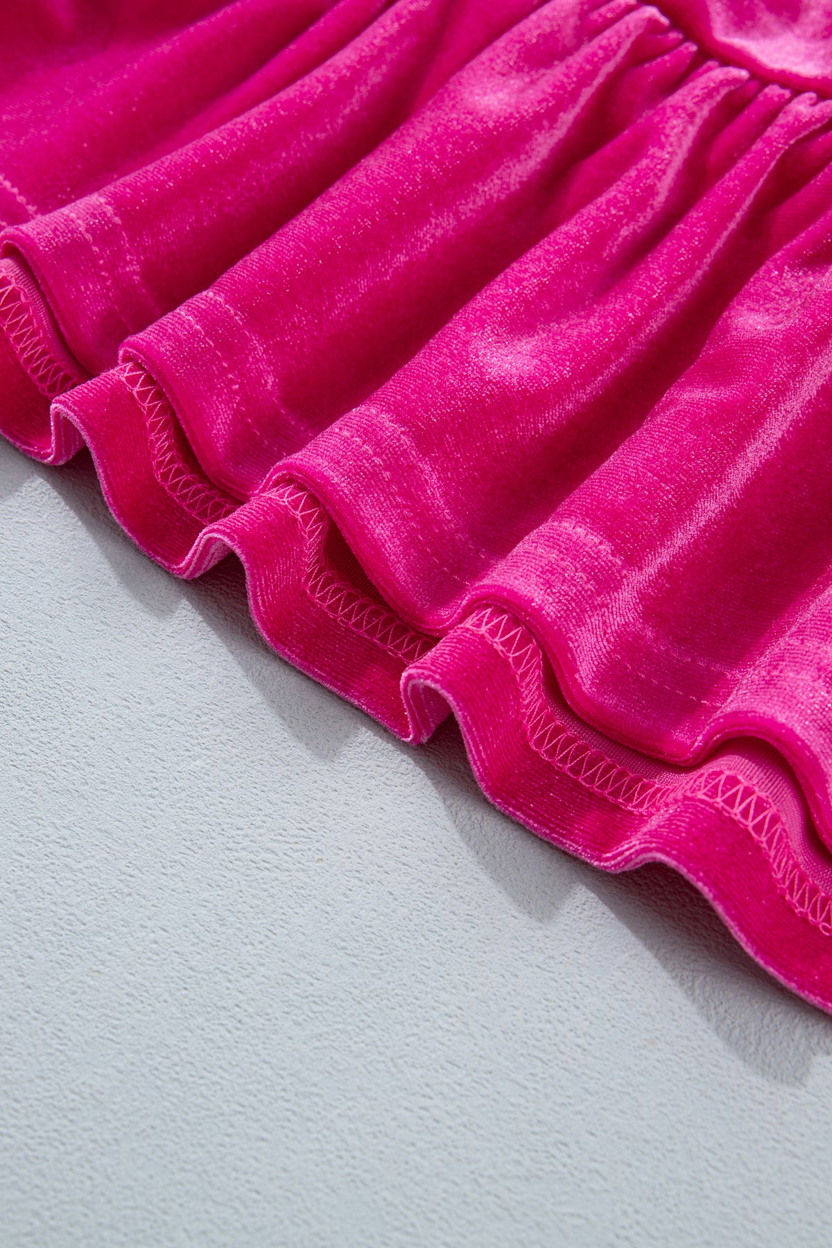Strawberry Pink V Neck Velvet Ruffled Cuffs Hem Top