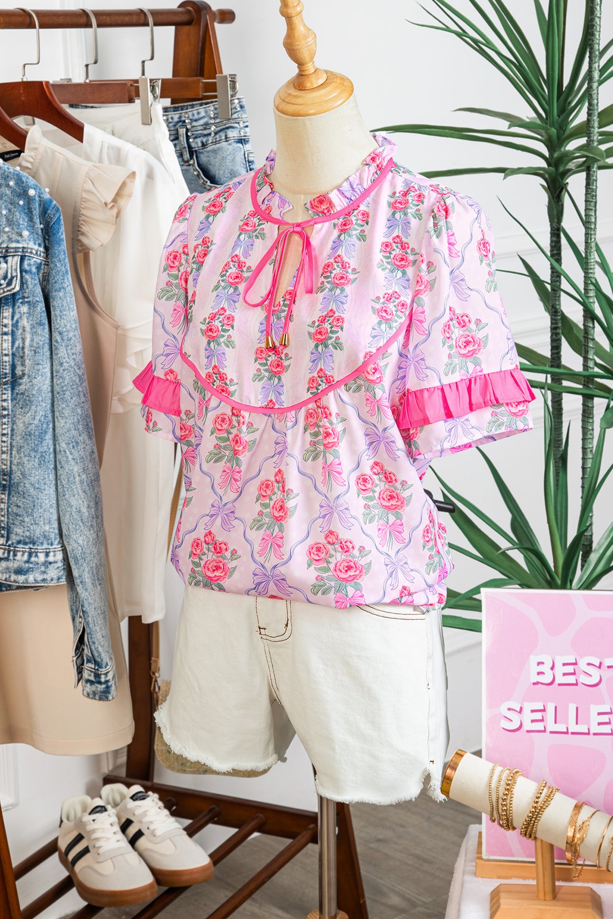 Purple Coquette Floral Bow Contrast Ruffled Short Sleeve Blouse