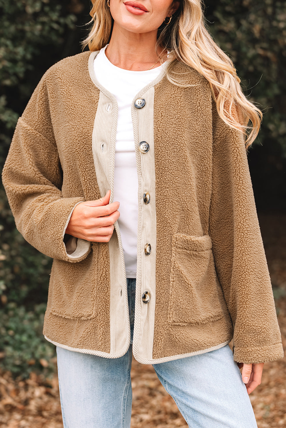 Light French Beige Puffy Plush Corduroy Edge Jacket with Big Pockets