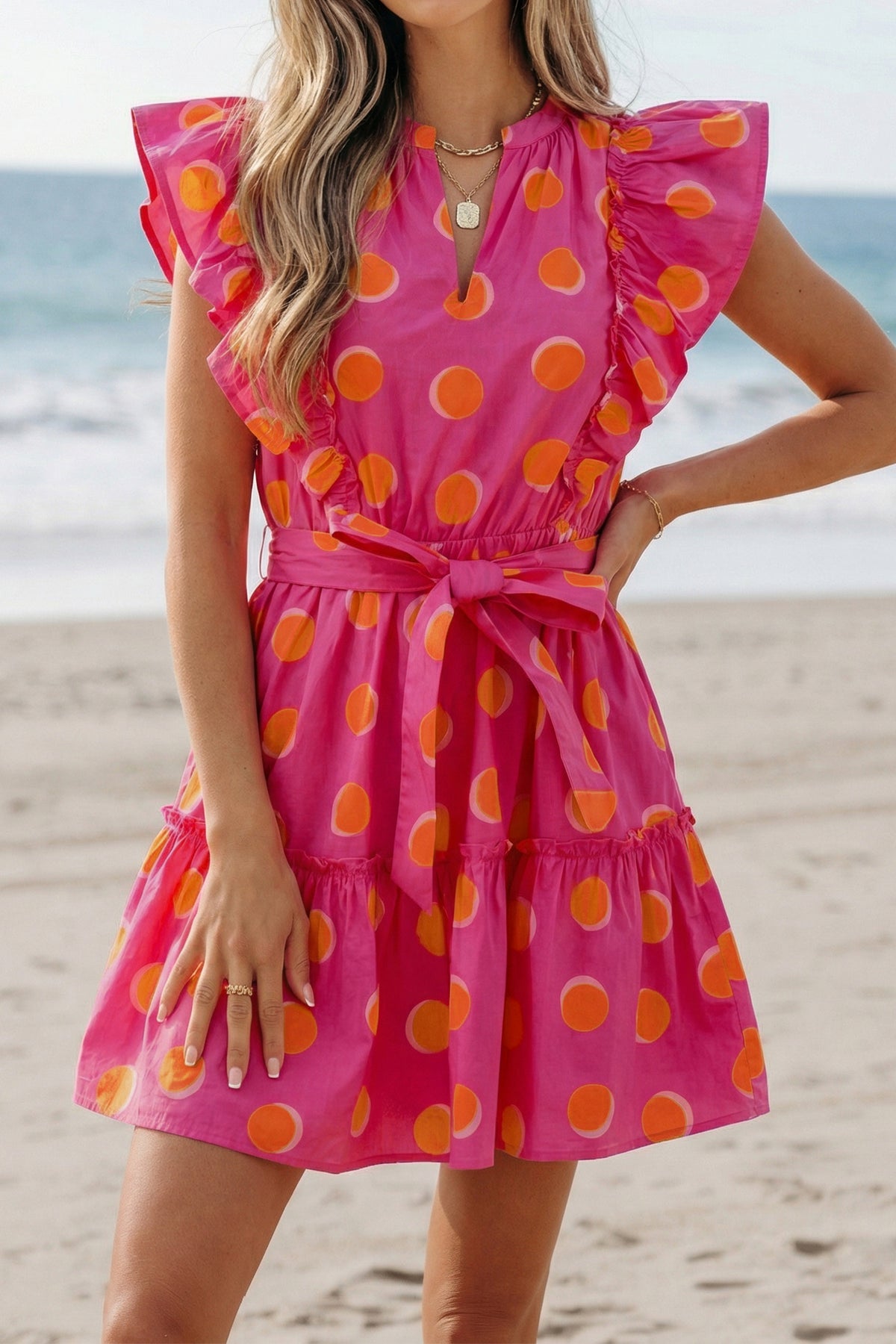 Rose Polka Dot Ruffle V-Neck Mini Dress