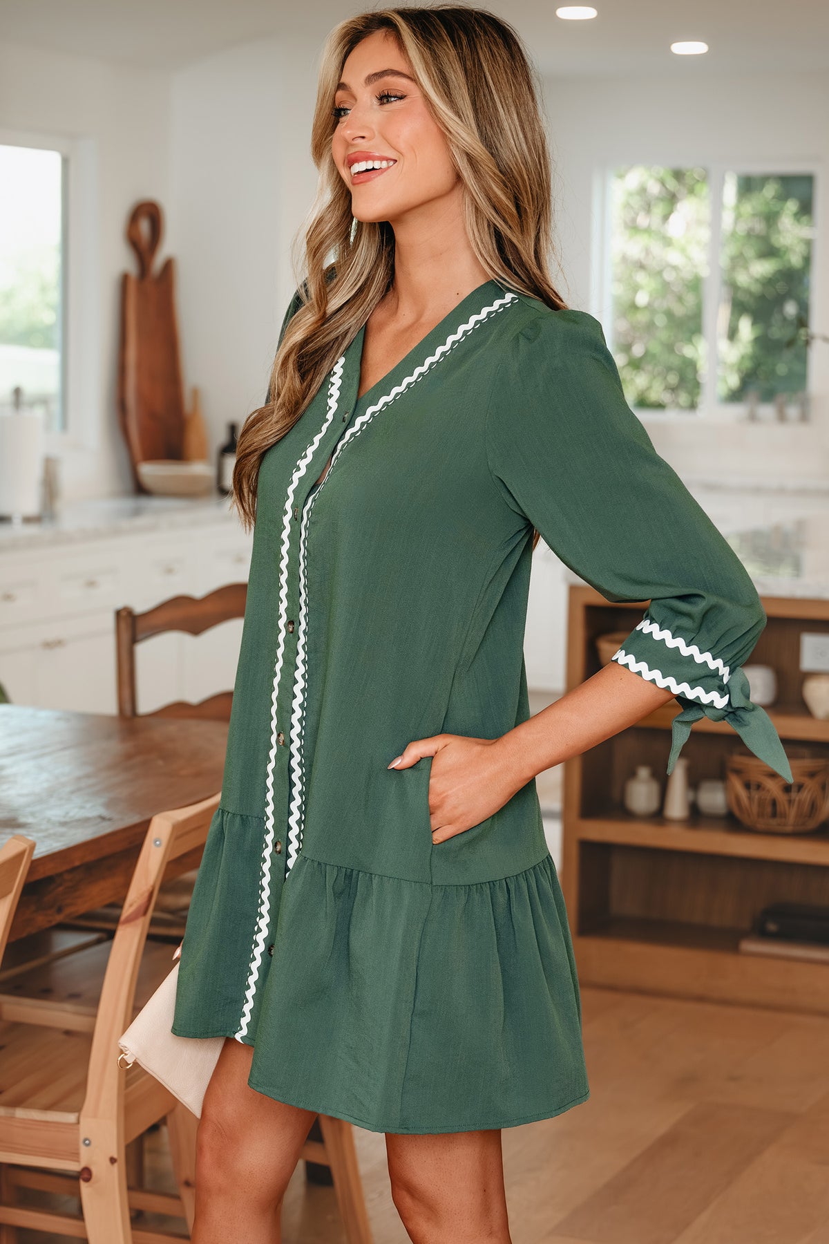 Canton Ricrac Trim Button V Neck Knotted Bracelet Sleeve Shift Dress