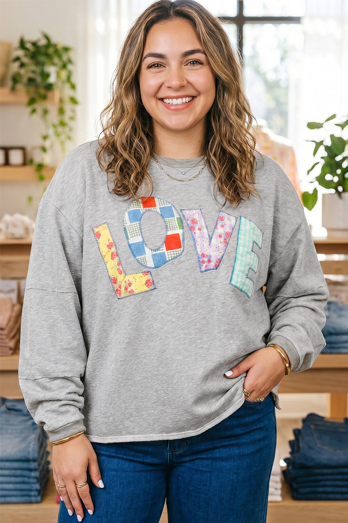 Light Grey Long-Sleeve Patch Embroidery Tunic Plus Size Blouse