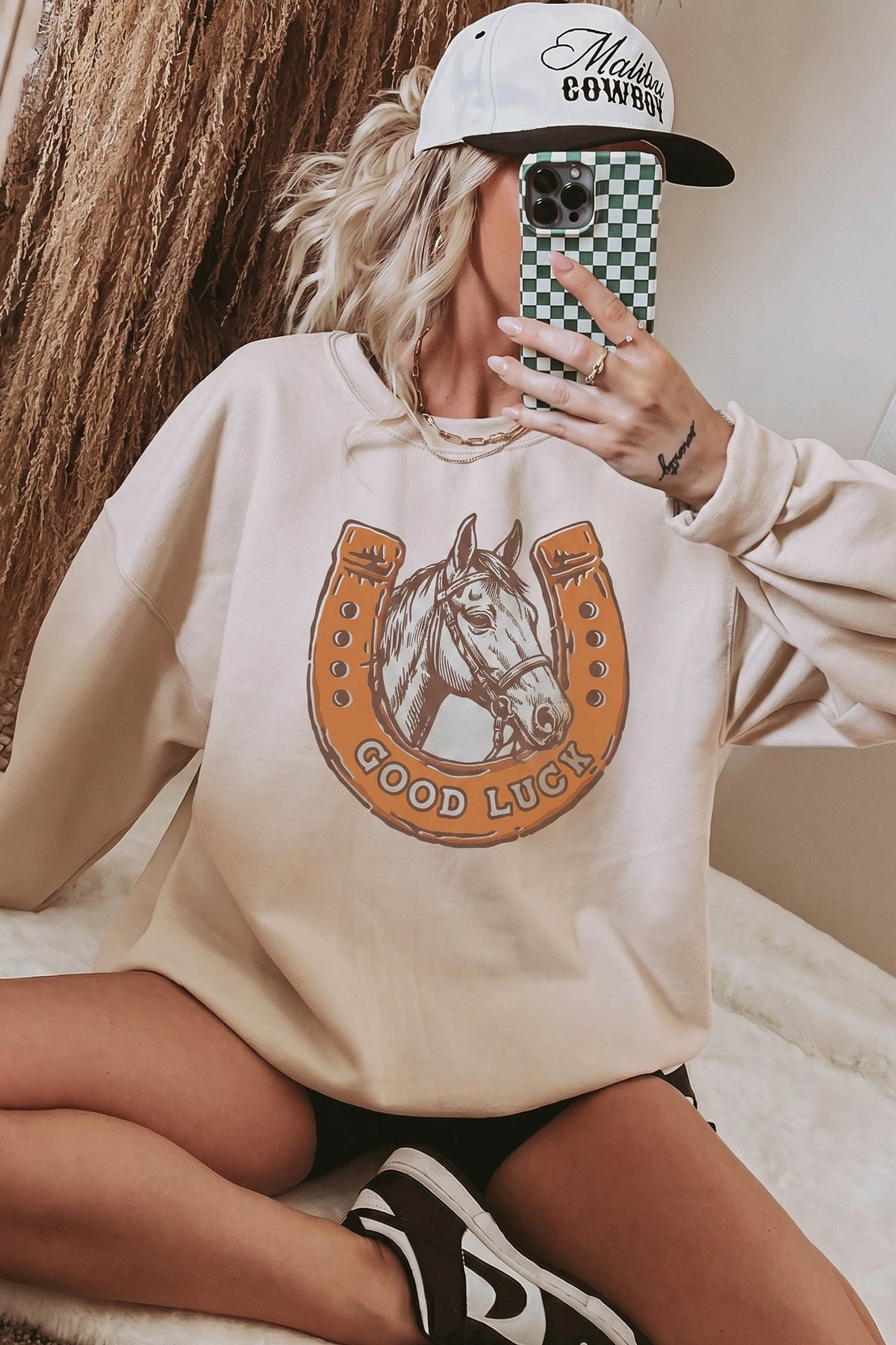 Beige GOOD LUCK Western Horse Print Oversized Sweatshirt