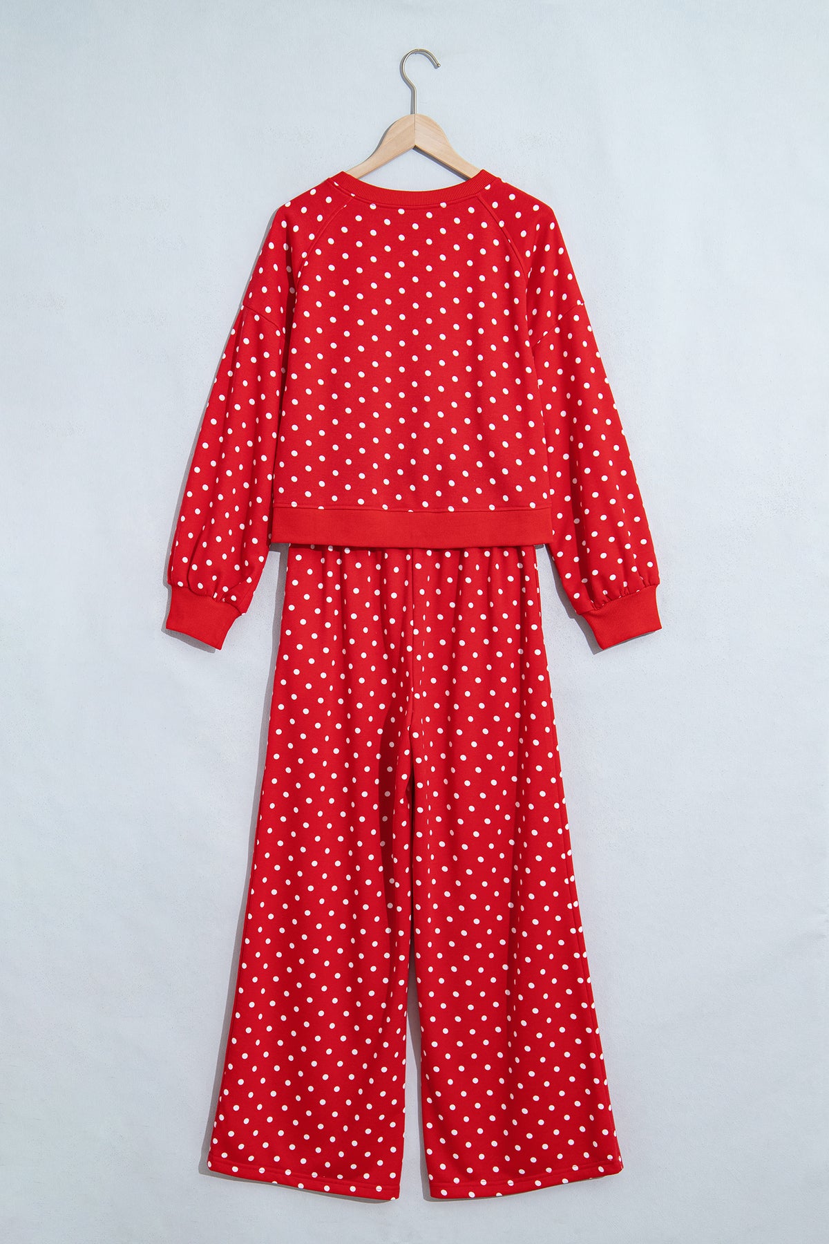 Women's Red Polka Dot Drawstring Wide-Leg Long-Sleeve Top Pants Set
