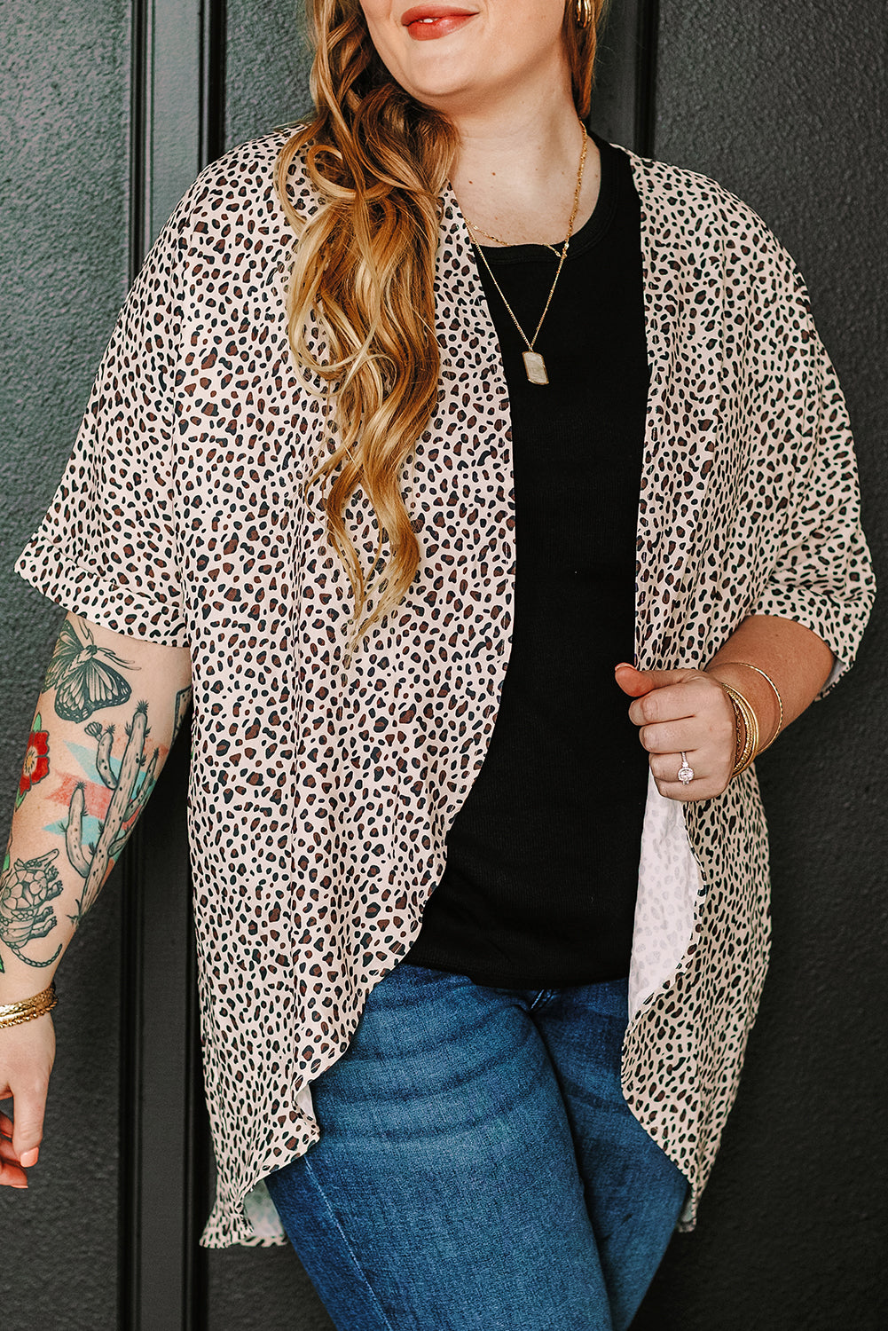 Khaki Plus Size Leopard Print Half-Sleeve Open-Front Cardigan