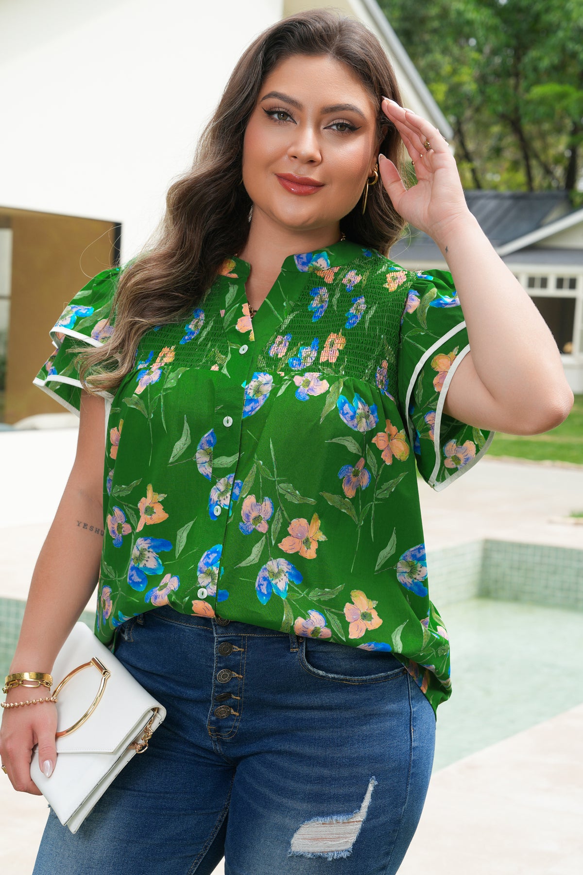 Green Plus Size Ruffled Short-Sleeve Floral Top