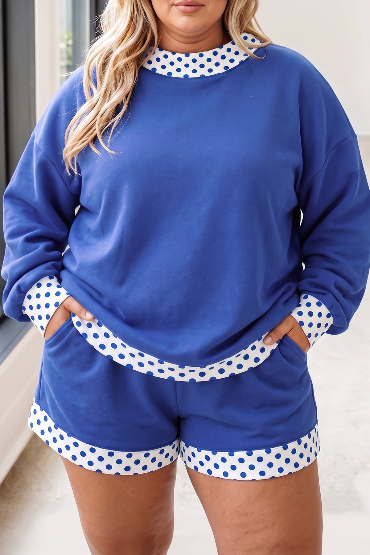 Dark Blue Polka Dot Patchwork Plus Size Top and Shorts Set
