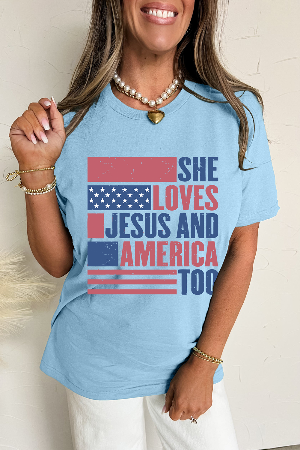 Light Blue SHE LOVES JESUS AND AMERICA TOO Flag Graphic T-Shirt