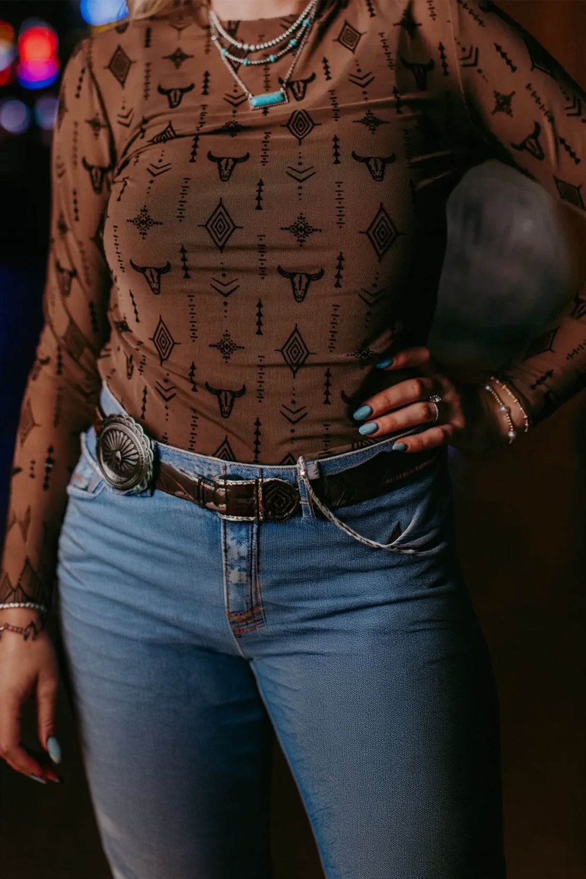 Chestnut Retro Western Print Mesh Sheath Top
