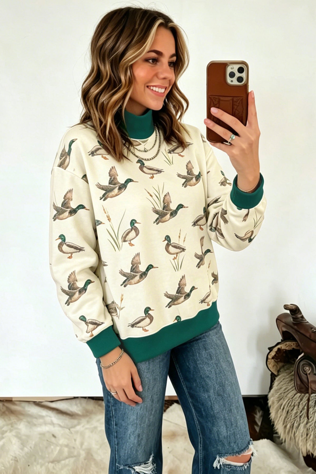 Multicolour Mallard Print Colorblock High Neck Sweatshirt