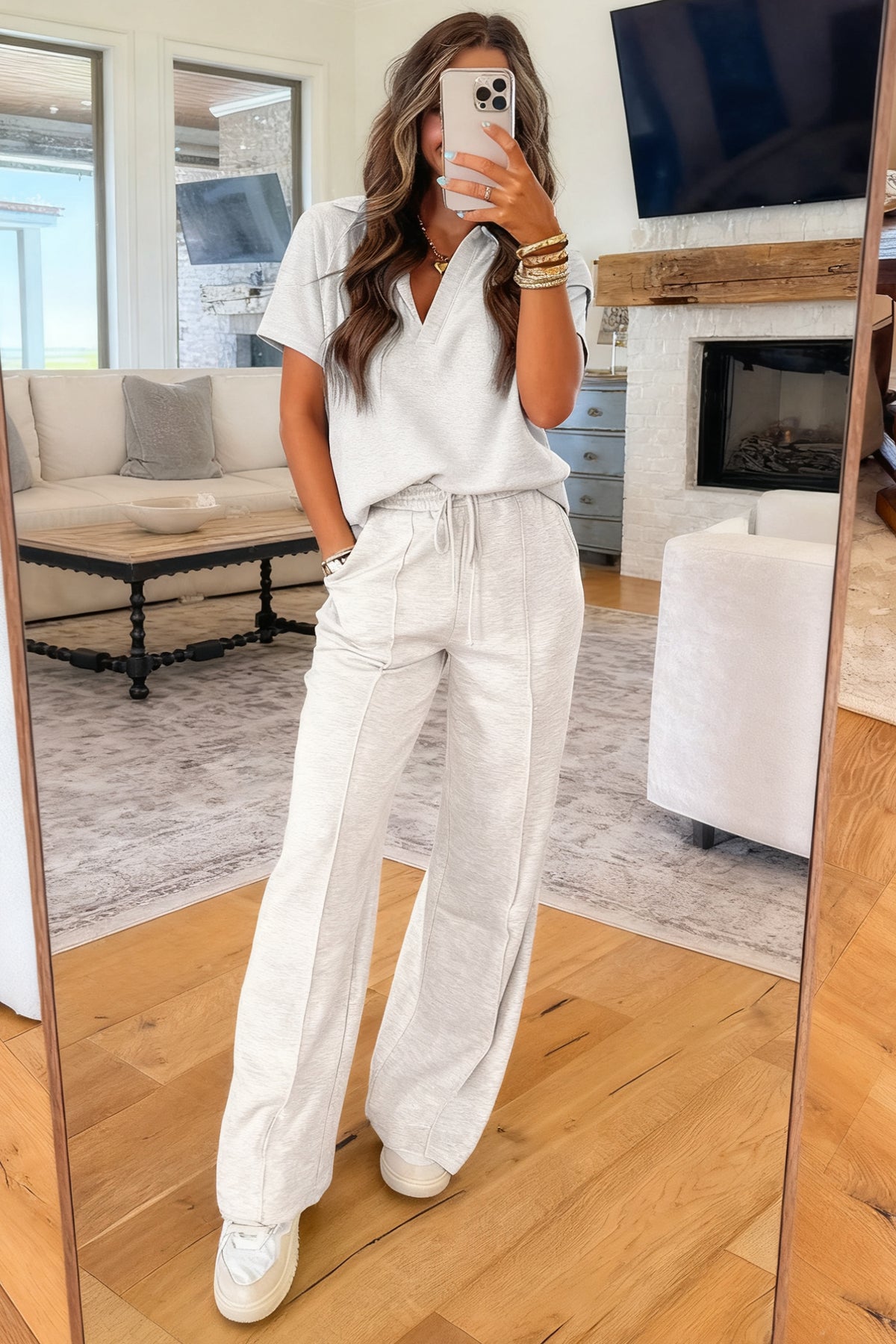 Women's Light Grey Polo Tee Pants Two-Piece Set