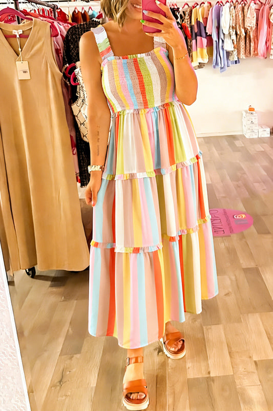 Green Striped Print Shirred Frilly Tiered Maxi Dress