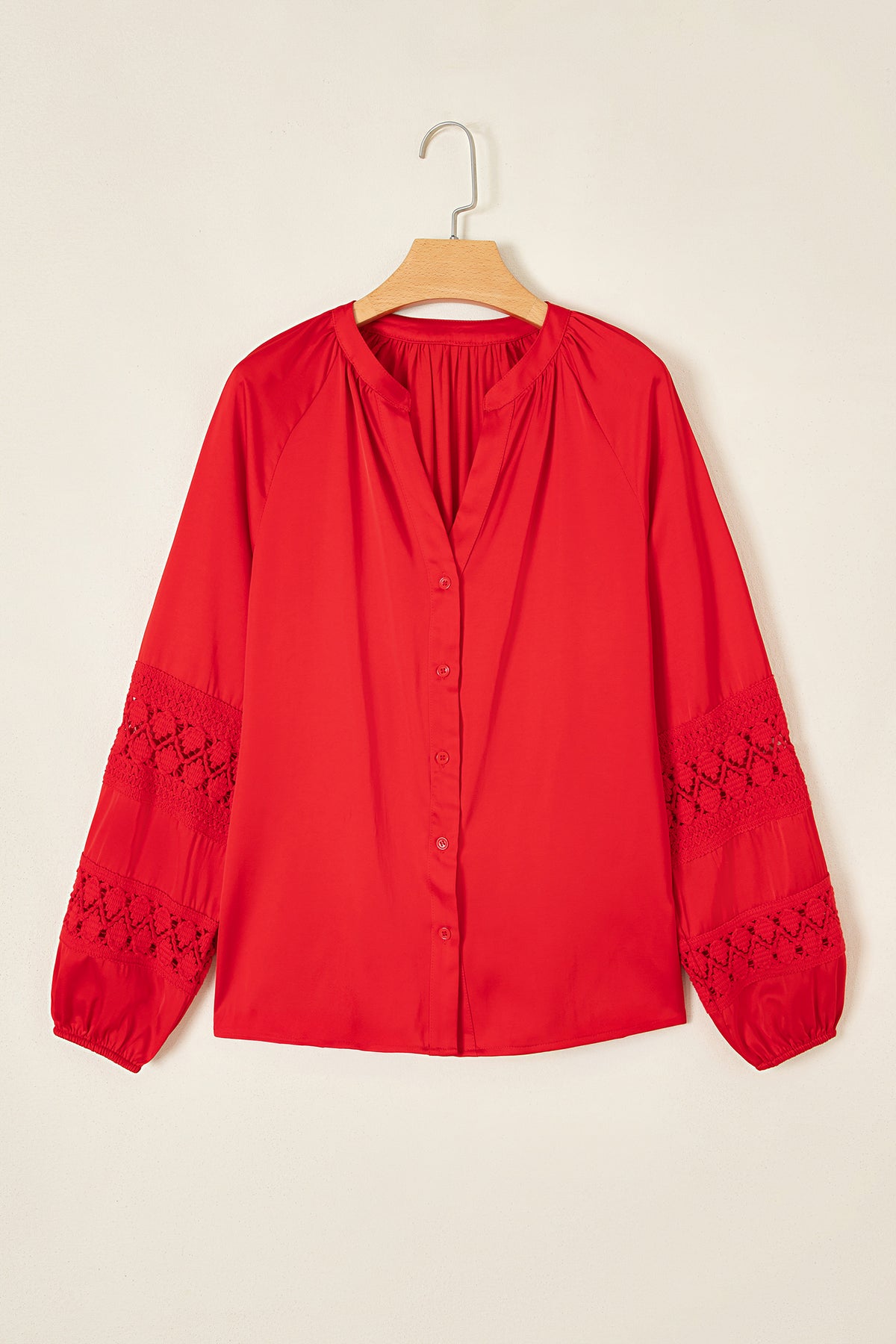 Fiery Red Patchwork Lace V Neck Button Front Shirt