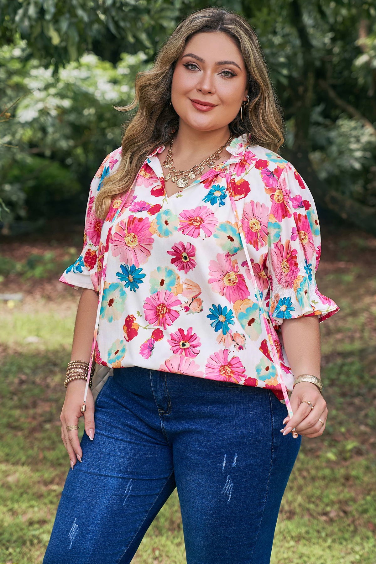 Pink Plus Size Floral Print Ruched Short-Sleeve Blouse